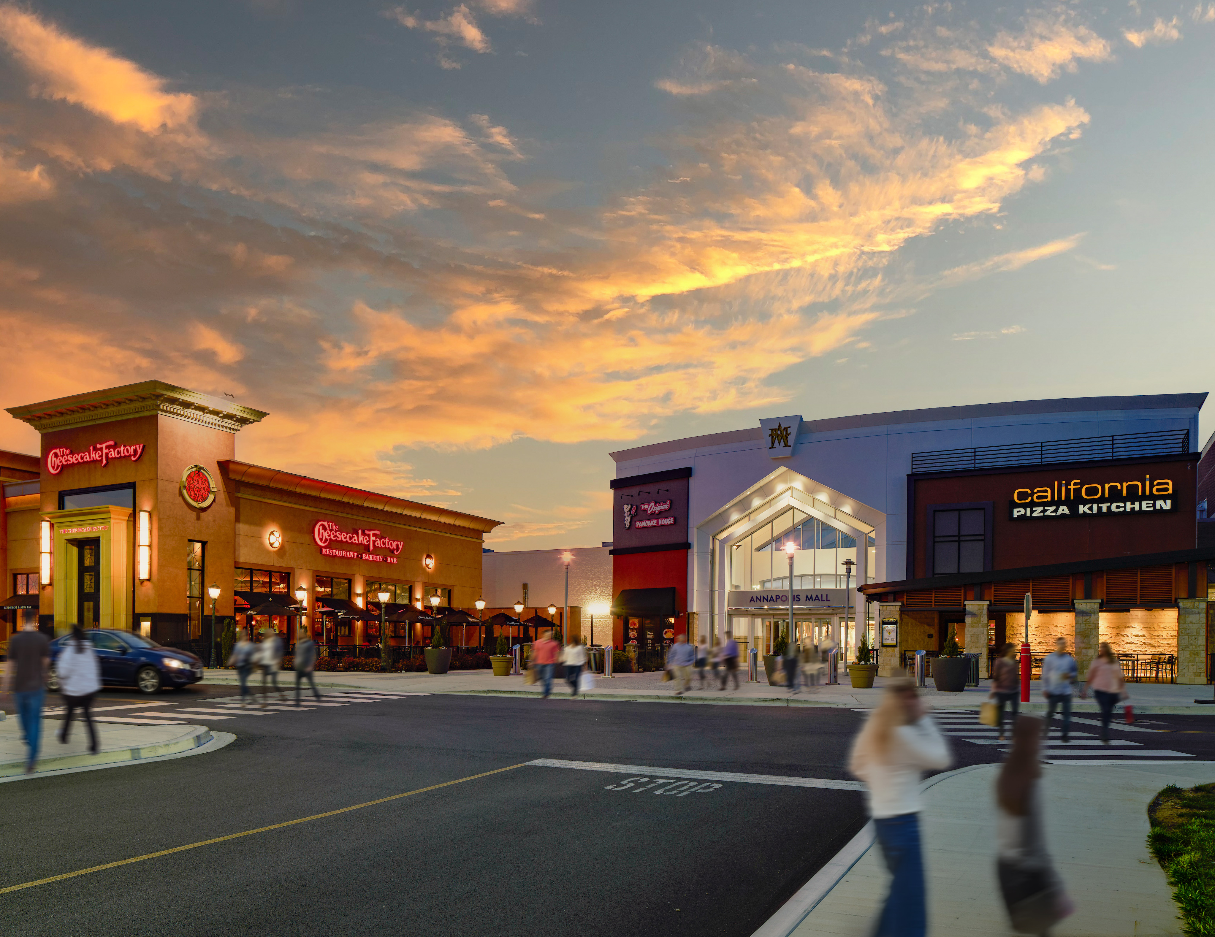 A ground-level view of Annapolis Mall, featuring The Cheesecake Factory and California Pizza Kitchen.