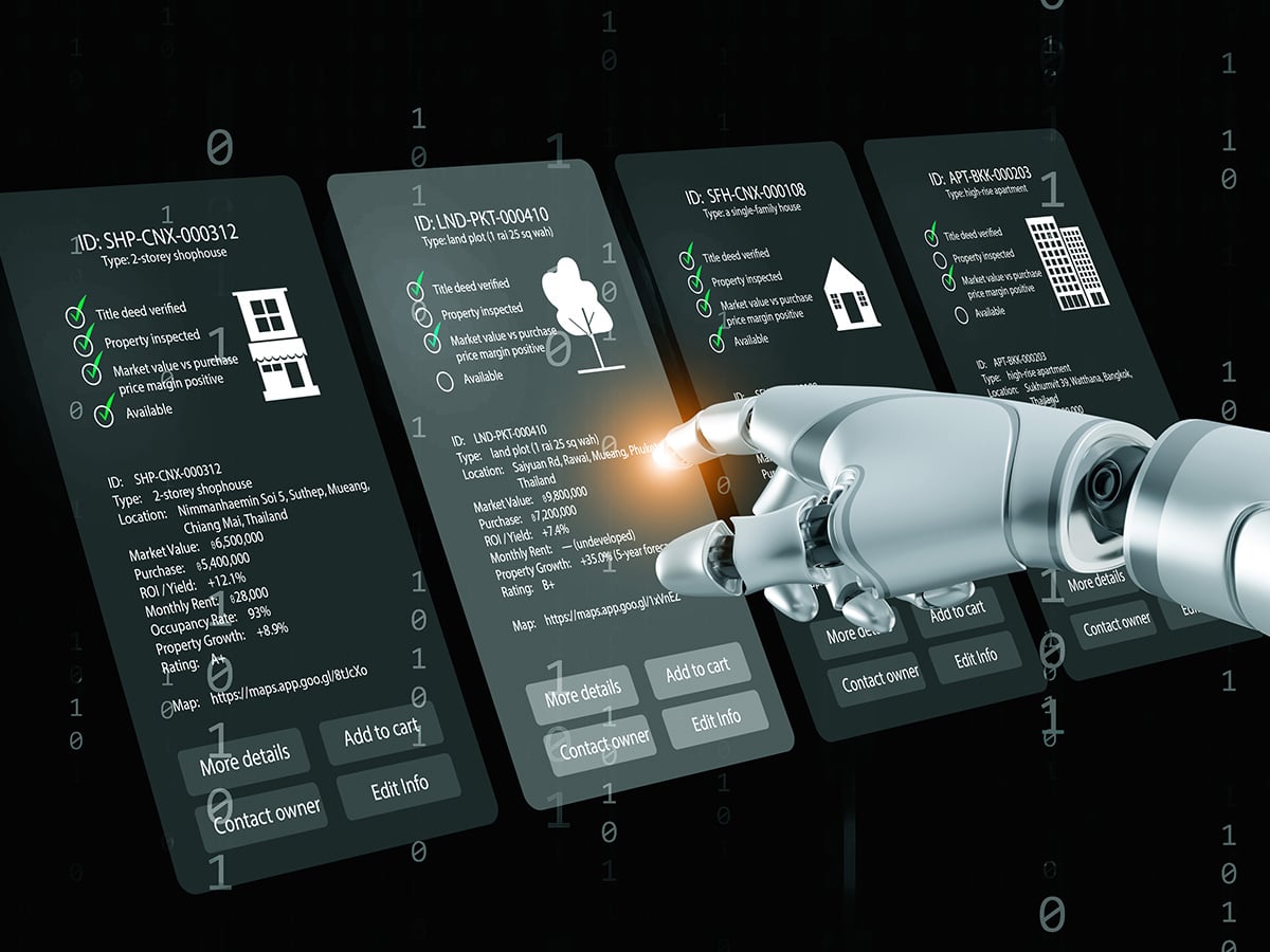 AI robotic hand interacting with digital property management dashboard for smart real estate investment analysis. Futuristic PropTech automation artificial intelligence concept.