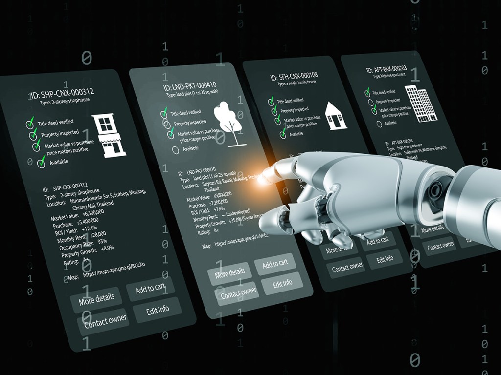 AI robotic hand interacting with digital property management dashboard for smart real estate investment analysis. Futuristic PropTech automation artificial intelligence concept.
