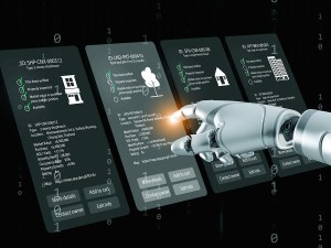 AI robotic hand interacting with digital property management dashboard for smart real estate investment analysis. Futuristic PropTech automation artificial intelligence concept.
