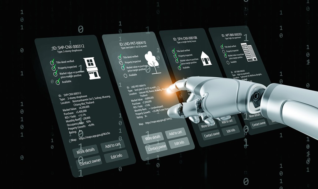 AI robotic hand interacting with digital property management dashboard for smart real estate investment analysis. Futuristic PropTech automation artificial intelligence concept.