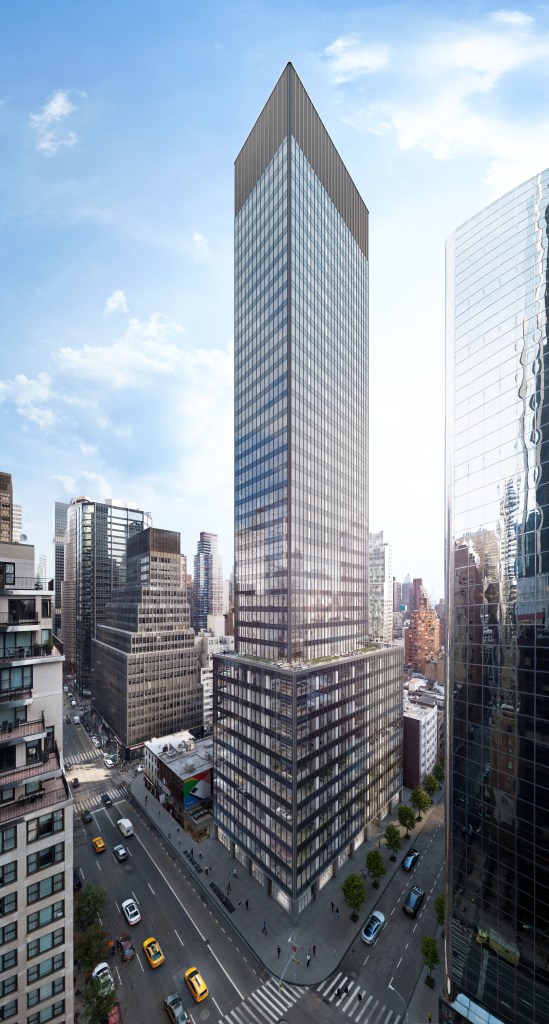 Aerial rendering of the 40-story office building at 825 Third Ave., in Midtown East.