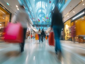 Motion blur of people with shopping bags in a busy shopping mall, taking advantage of retail sale and discounts.
