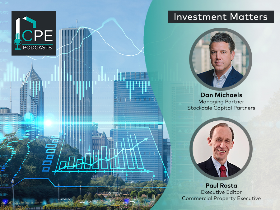 On left, graphic of a chart superimposed on an image of a city skyline; top tight, photo of Stockdale Capital Partners' Dan Michaels above photo of CPE's Paul Rosta, both within circular frames