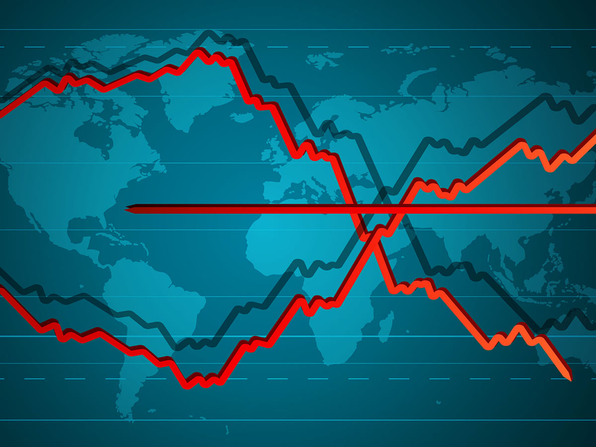 World crisis banner with dropping red chart and world map on dark blue background. Falling of economy, financial and stock market, demography, downfall trend. Vector horizontal HD template.