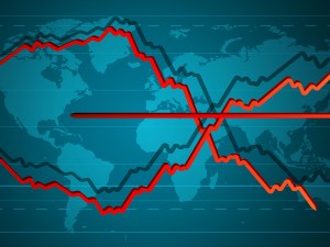 World crisis banner with dropping red chart and world map on dark blue background. Falling of economy, financial and stock market, demography, downfall trend. Vector horizontal HD template.