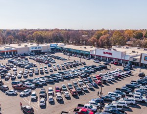 An aerial photo of the Paris Towne Center shopping plaza.