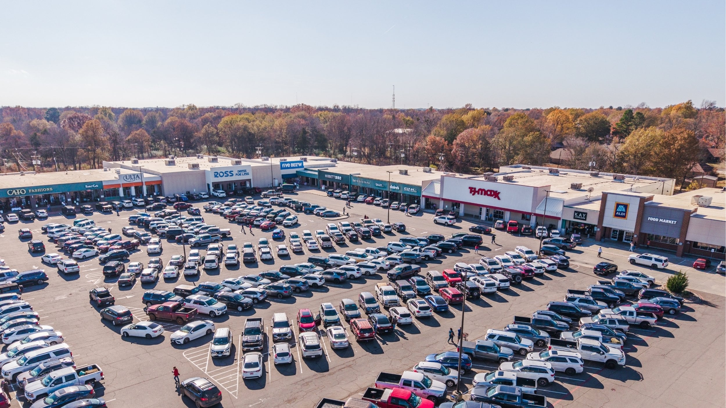 An aerial photo of the Paris Towne Center shopping plaza.