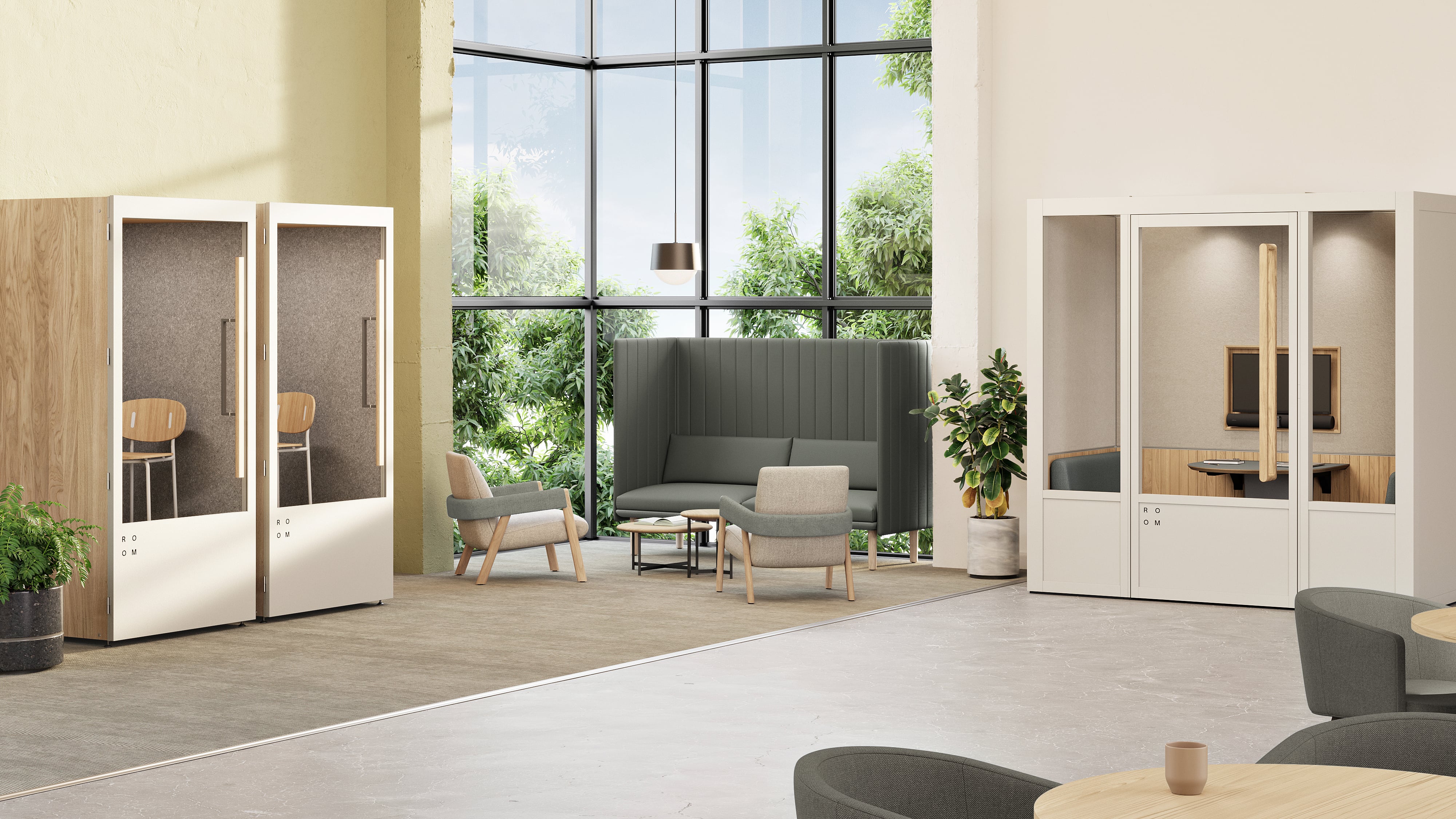 An image showing soundproof phone booths in an office.