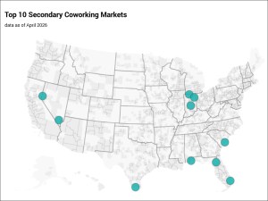 map of the US with the top 10 secondary coworking markets in the country by percentage of office stock
