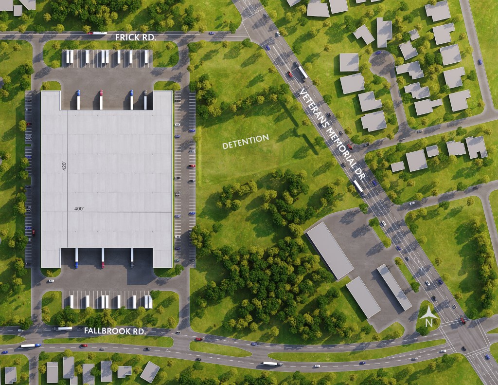 An overhead rendering of Urban NXS Fallbrook, a 182,400-square-foot cross-dock industrial building.