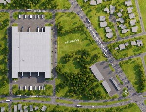 An overhead rendering of Urban NXS Fallbrook, a 182,400-square-foot cross-dock industrial building.