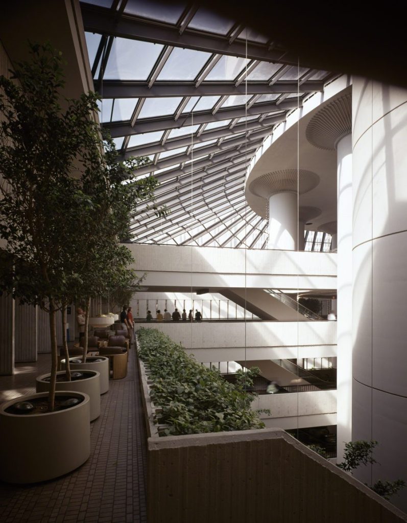 interior atrium of The Westin Peachtree Plaza, with ballroom-level terraces on west side