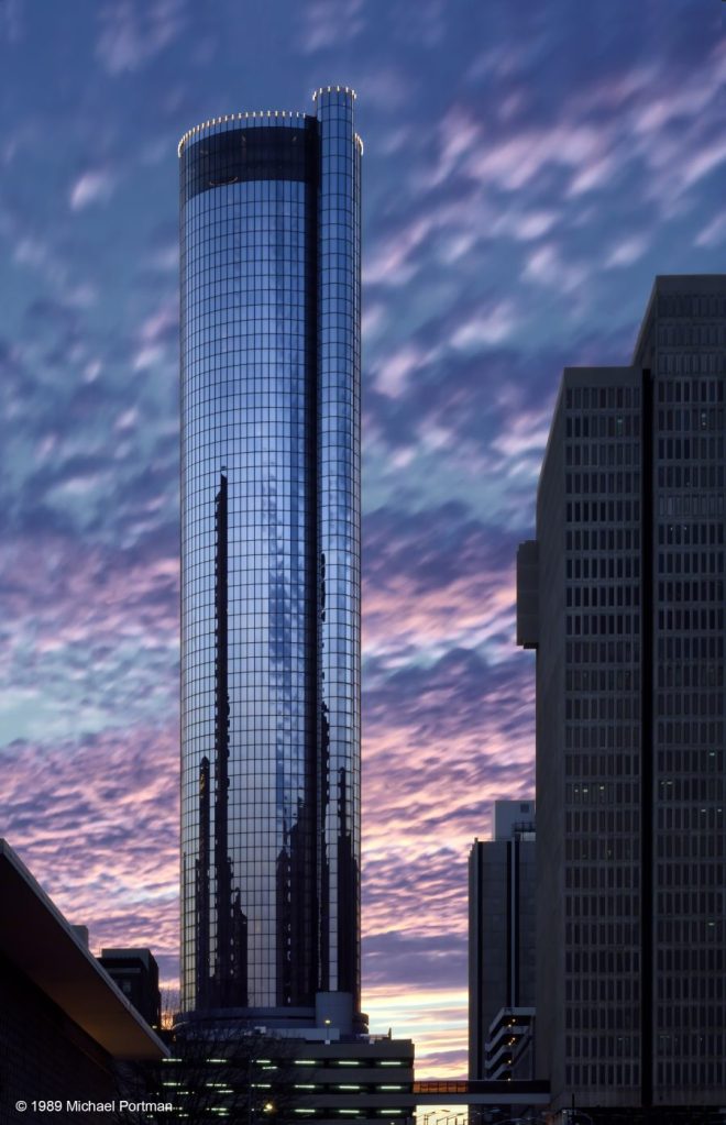 exterior, sunset view of The Westin Peachtree Plaza