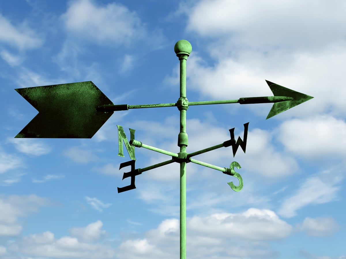 green copper wind vane with bright sky, panoramic frame (XXL)