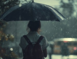 A young person walks through a rainy street, holding an umbrella while heading to school, capturing the essence of a moody and cinematic atmosphere.