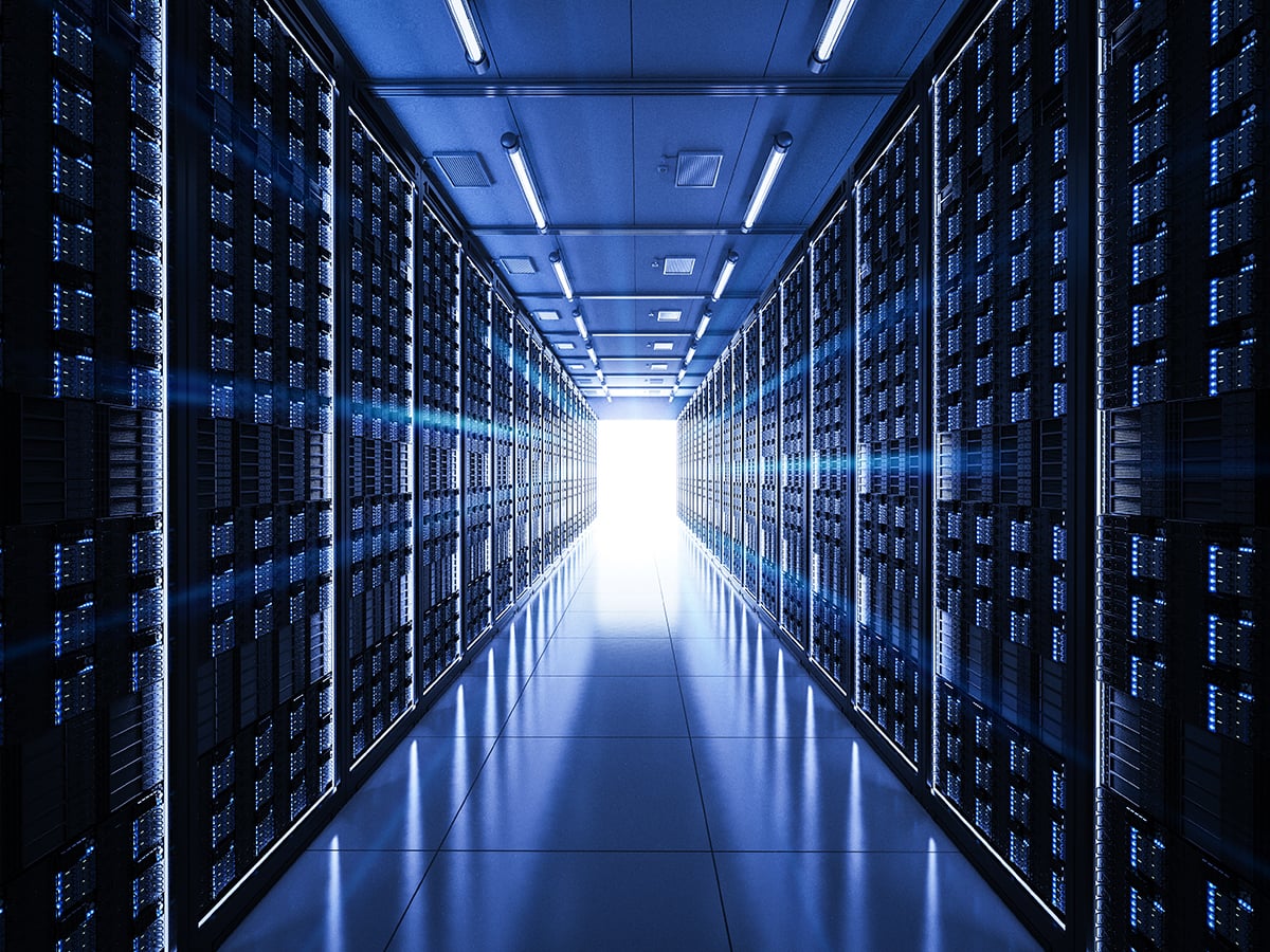 Server room with server tower in a data center facility