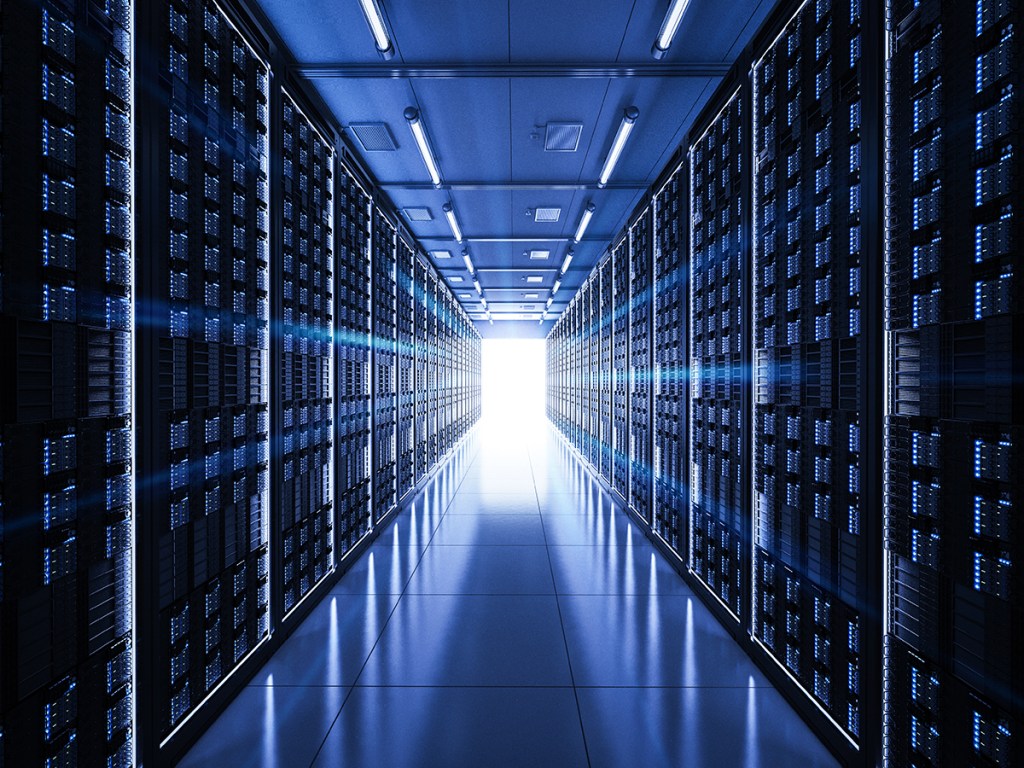 Server room with server tower in a data center facility