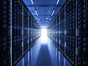 Server room with server tower in a data center facility