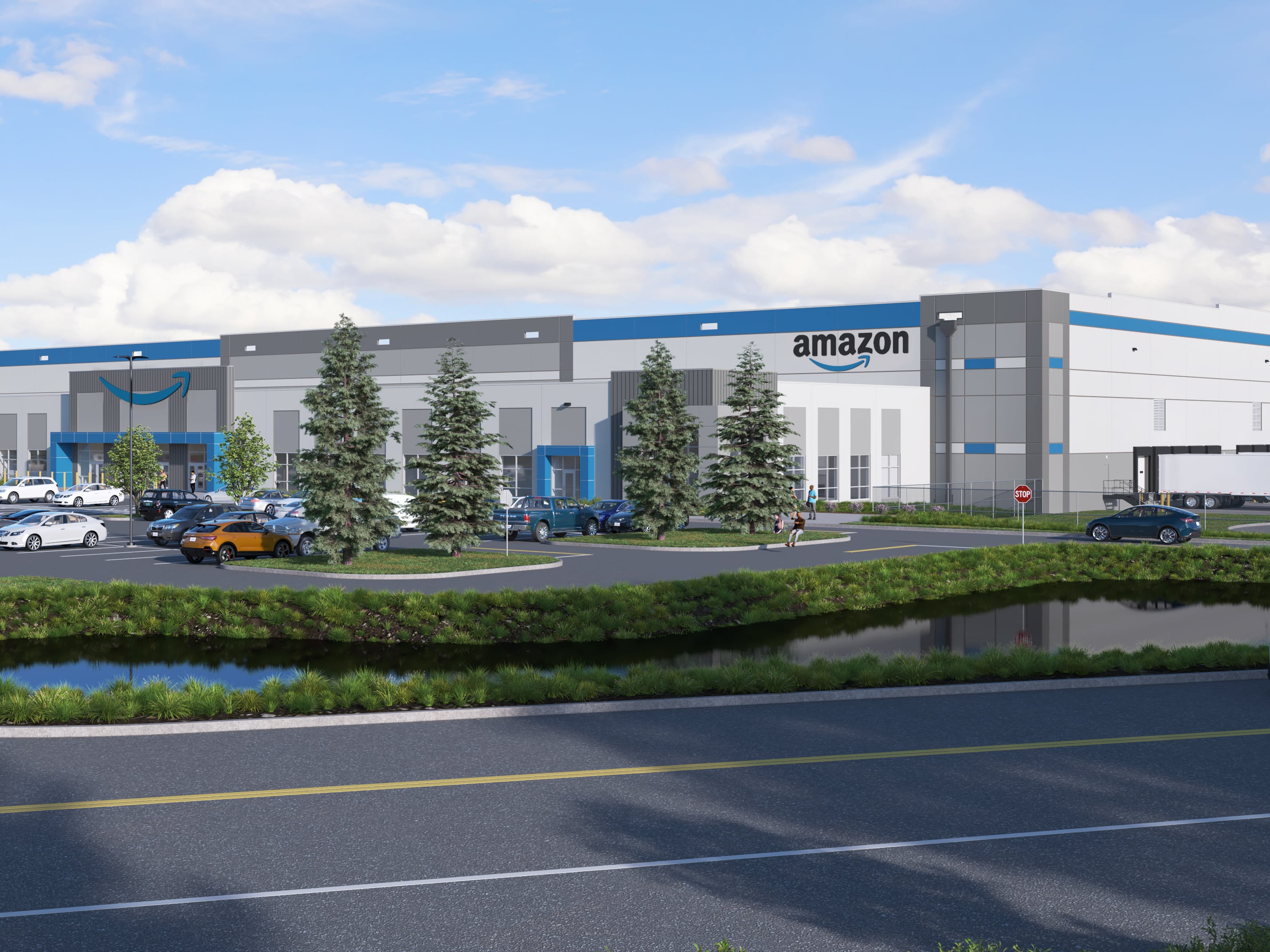 Exterior rendering depicting Amazon's first fulfillment center in Louisiana.
