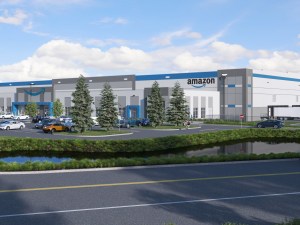 Exterior rendering depicting Amazon's first fulfillment center in Louisiana.