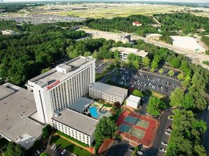 Aerial image of the Atlanta Airport Marriott hotel.