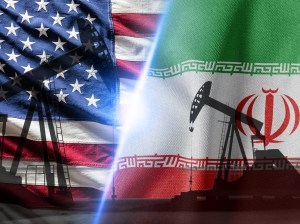 Oil Pump Jacks Overlaid with United States and Iran Flags Symbol