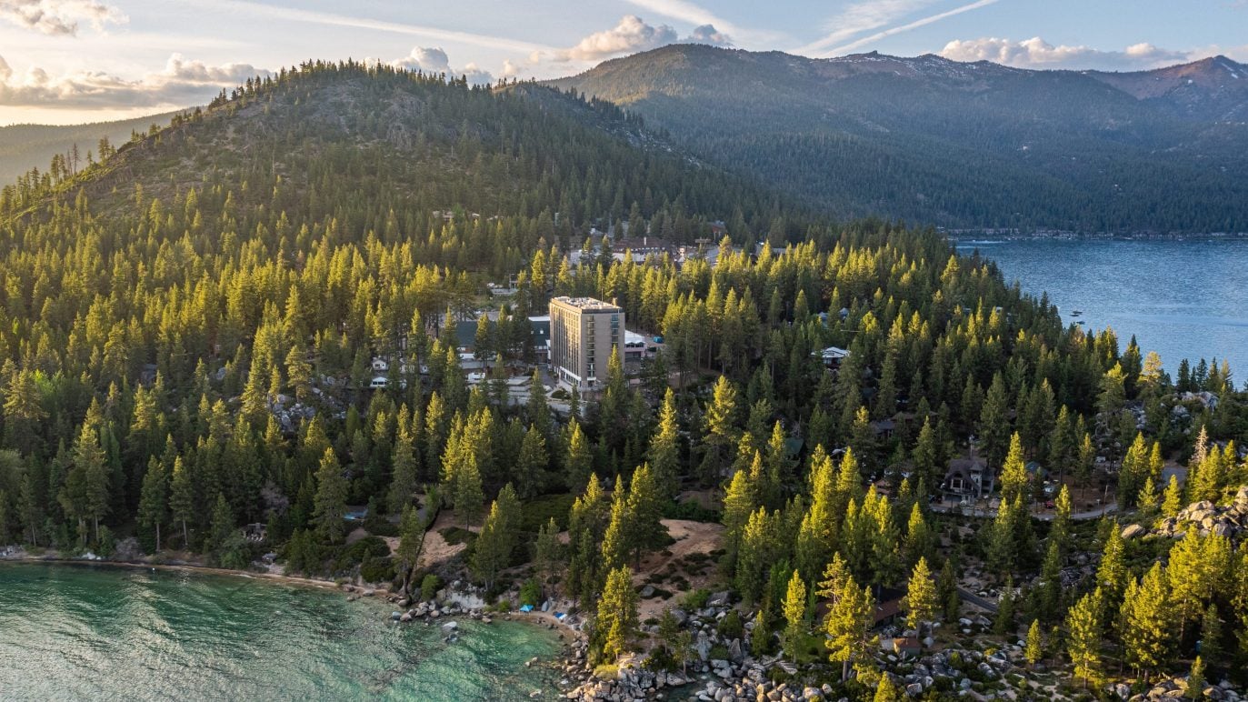 Drone shot of Cal Neva Resort & Casino in Cristal Bay, Nev., on Lake Tahoe