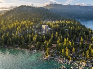 Drone shot of Cal Neva Resort and Casino in Lake Tahoe