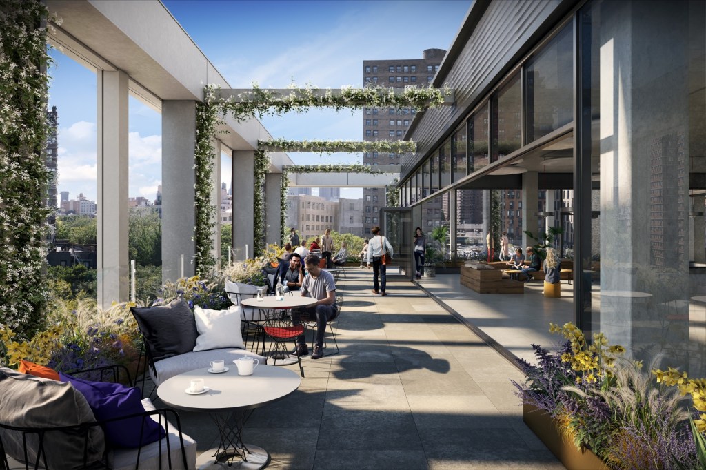Outdoor terrace at 145 Delancey Street, part of Essex Crossing on Manhattan’s Lower East Side.