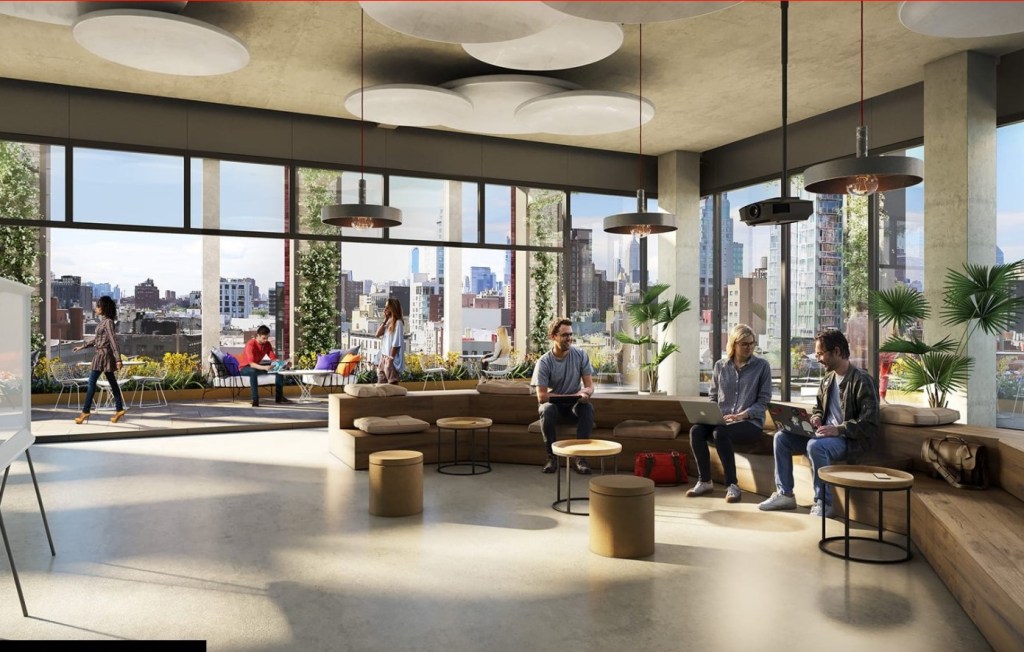 Indoor-outdoor gathering area at 145 Delancey Street.