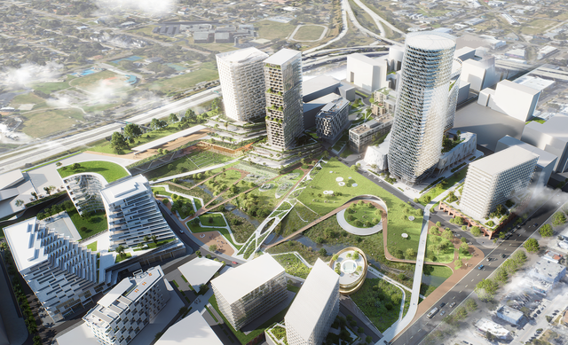 An aerial rendering of the proposed mixed-use project in the Historic Gas Plant District.