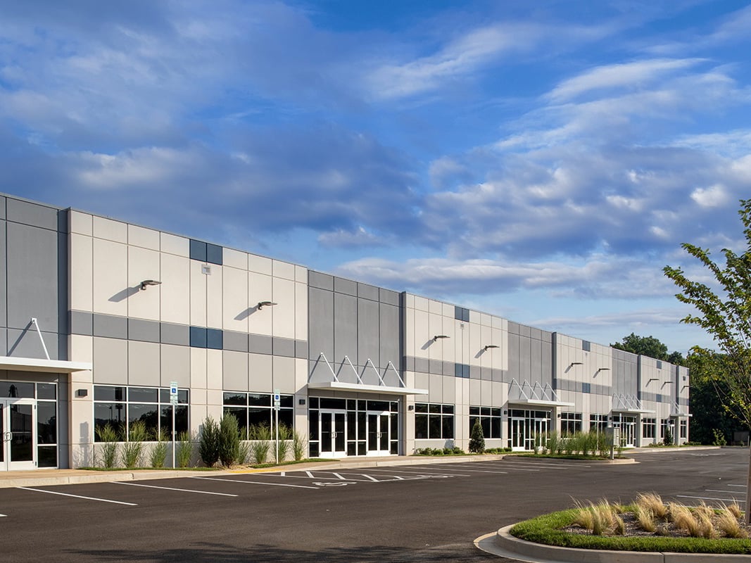 Exterior shot featuring one of the shallow-bay warehouses within Merritt's White Marsh Interchange Pak in Maryland.