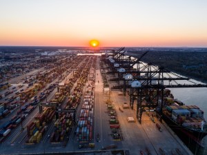 Drone shot featuring the Port of Houston at sunset.
