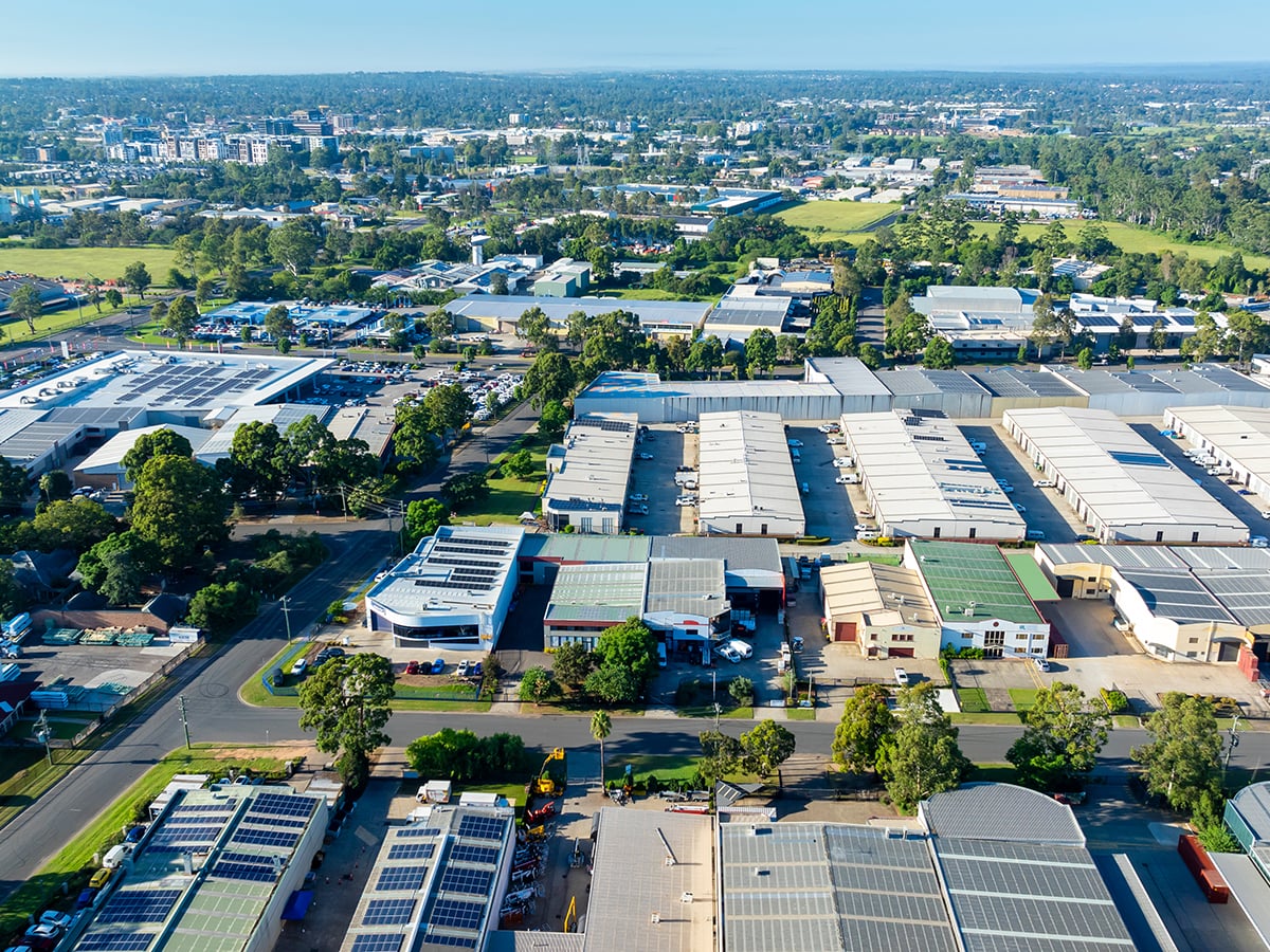 Drone aerial photograph of industrial buildings and surroundings in the Nepean Business Park in the greater Sydney suburb of Penrith in New South Wales in Australia