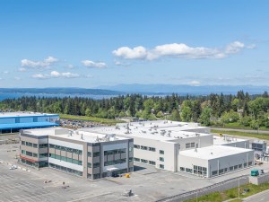 An aerial photo of the biomanufacturing campus at 215 Shuksan Way.