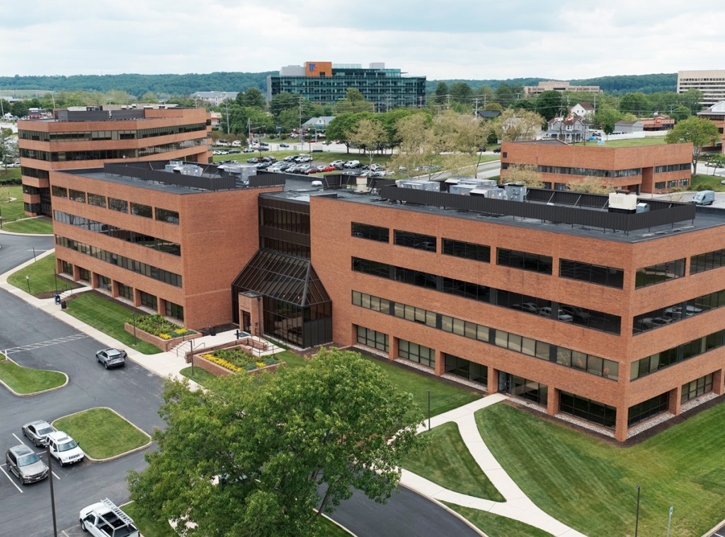 An aerial photo of North Park, a three-building office campus in Hunt Valley, Md.