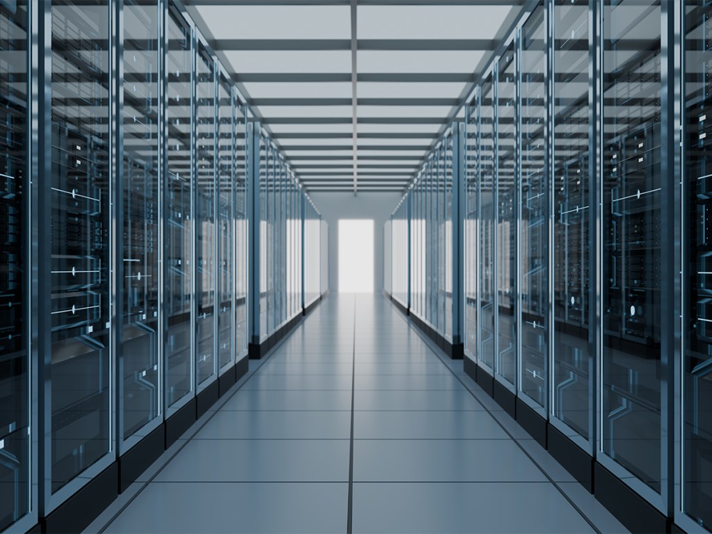 interior shot of a computer server room in data center corridor