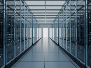 interior shot of a computer server room in data center corridor