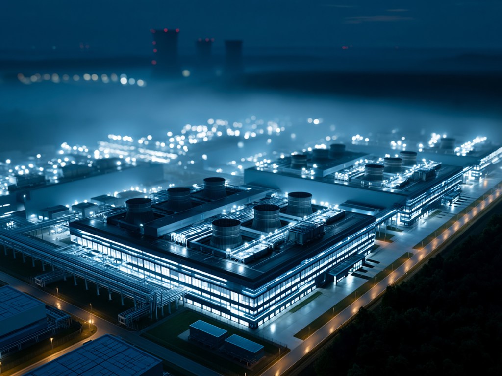 Aerial night view of massive hyperscale data center campus with