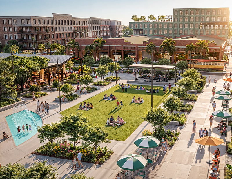 An aerial rendering of the Gasworx mixed-use district.