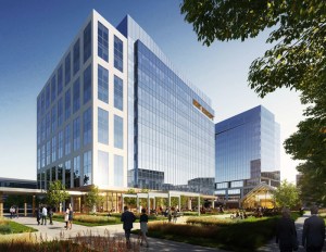 A rendering of One Bethany North, a nine-story office building project in Allen, Texas.