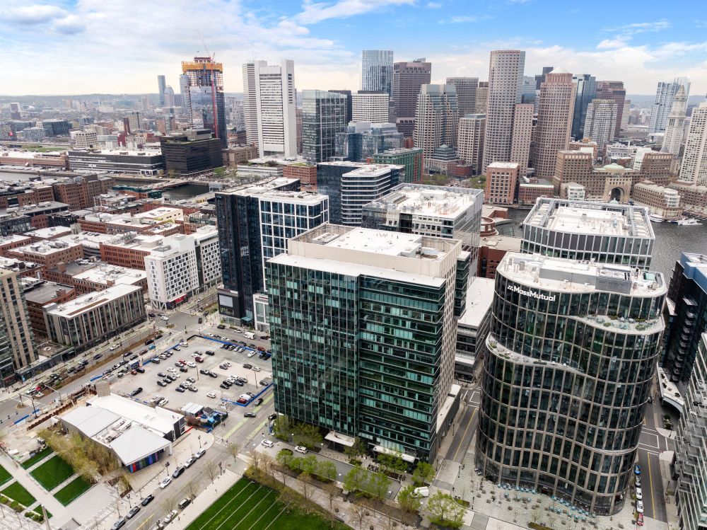 An aerial photo of One Marina Park Drive in Boston.
