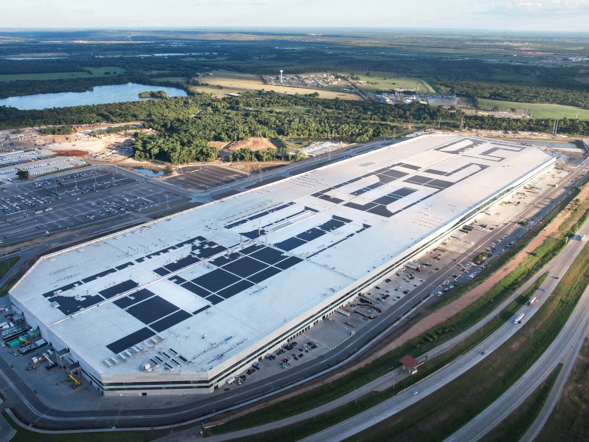 Drone shot of Tesla's Gigafactory in metro Austin, Texas.