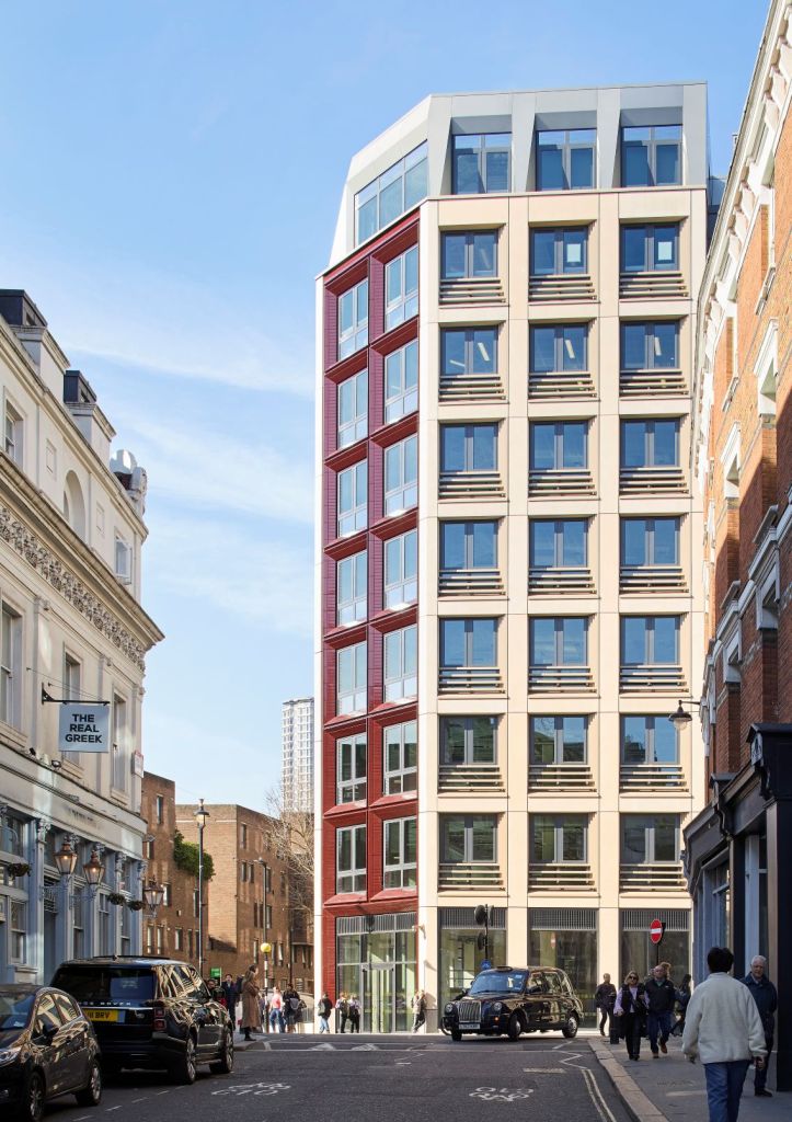 Exterior view of The Acre, a retrofitted workplace building in London’s Covent Garden.