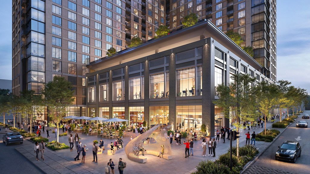 Rendering of the central public plaza between the two buildings within The Gallery SouthPark mixed-use development in Charlotte, N.C.