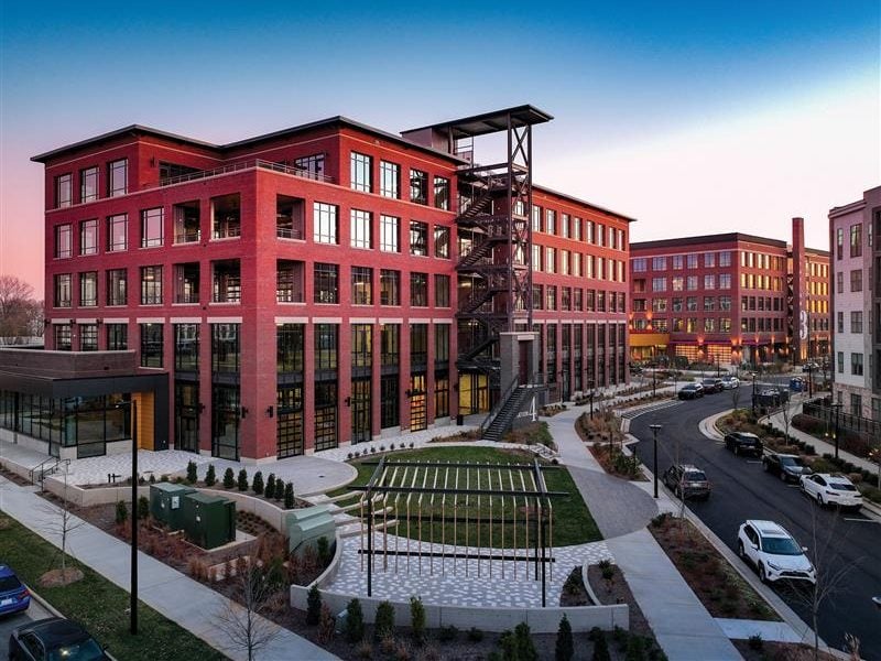 Exterior shot of the creative office buildings within The Station at LoSo in Charlotte, N.C.