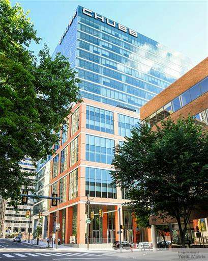 a glass office building, recently completed in Philadelphia