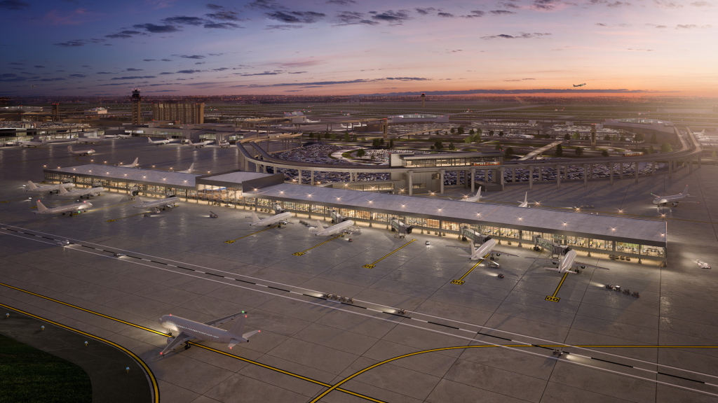 Rendering of Terminal F at DFW Airport, with the airplanes lined up at the gates.
