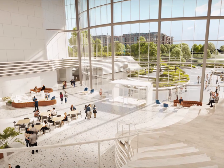 Rendering of a main hall at one of Texas Research Quarters' buildings.